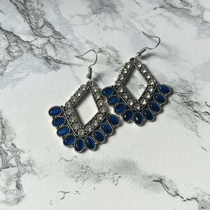Blue and white jeweled earrings
